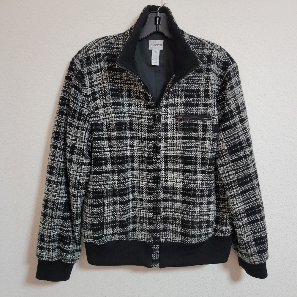 Chico's Tweed Black and White Zip Front Bomber Jacket